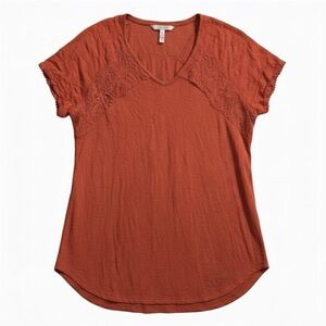 Knox Rose Boho Lace Trim Top Medium Red Orange V Neck Short Sleeve Lightweight